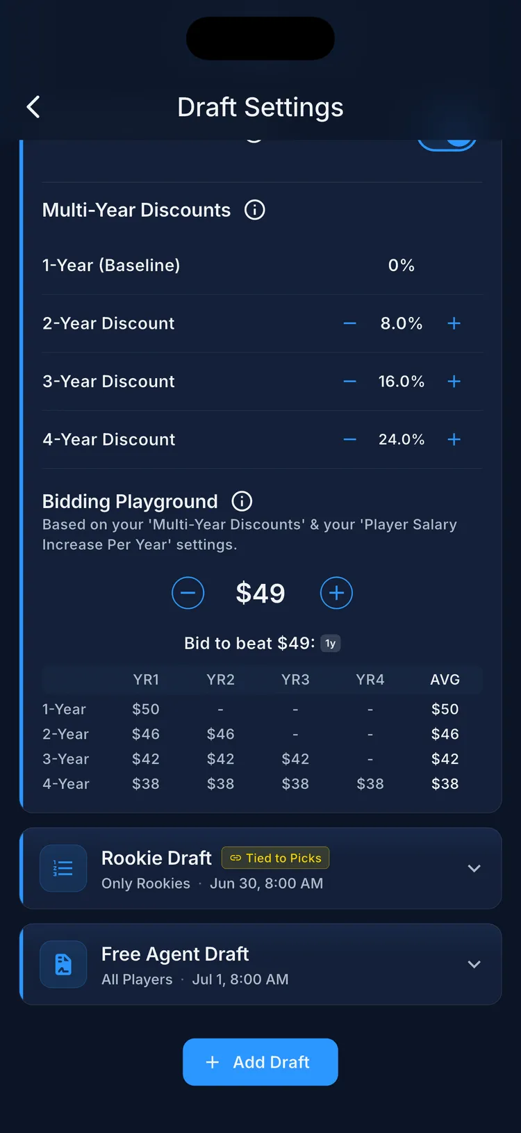 Multi-year discount settings on the mobile app showing percentages for 2, 3, 4, and 5 year contracts