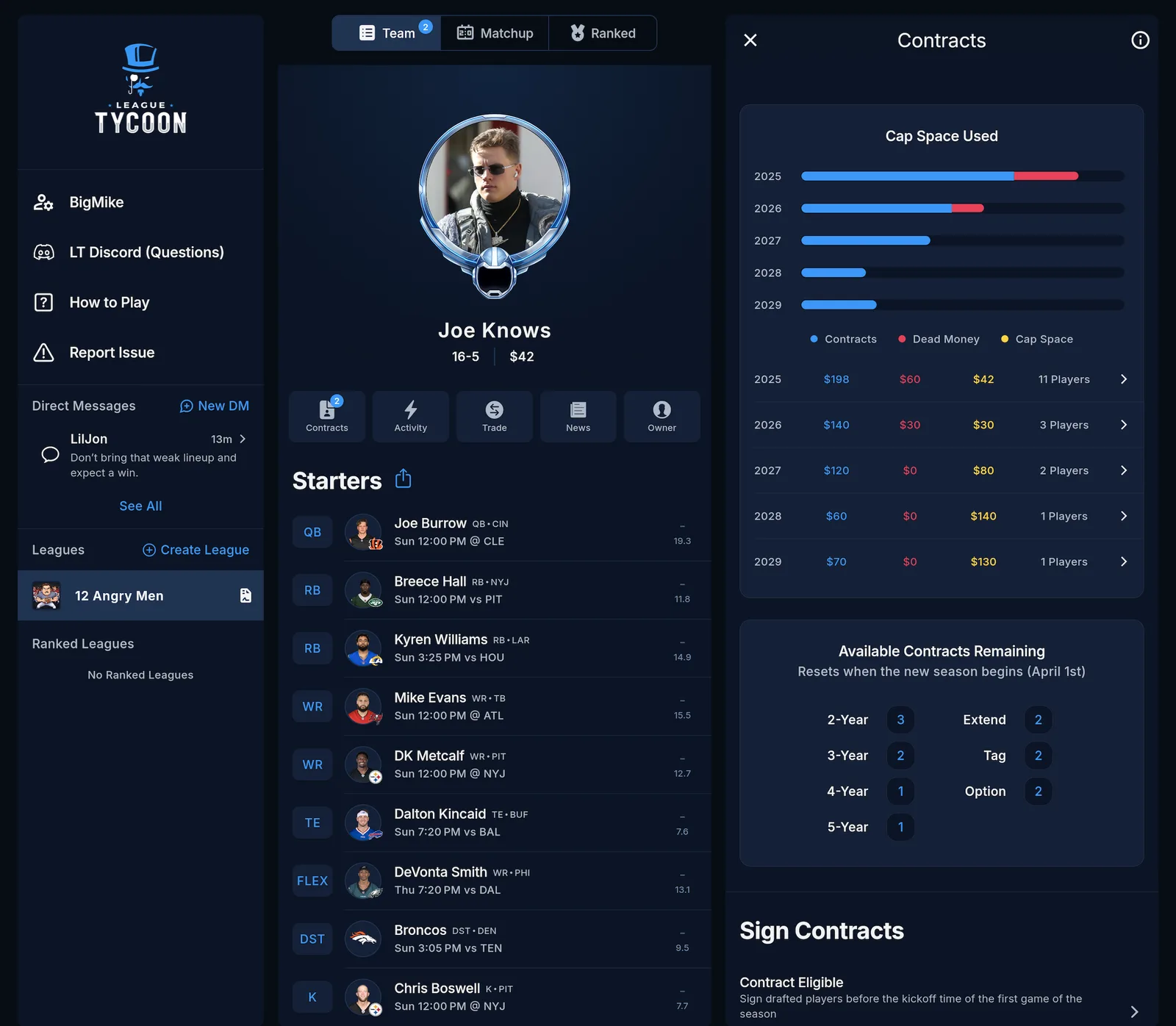League Tycoon dynasty league with roster management, trade auctions, and league history