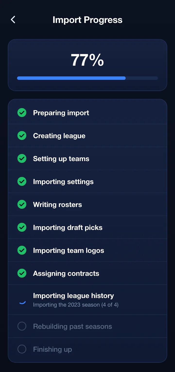 League Tycoon importing a dynasty league: rosters, draft picks, team logos, contracts, and league history