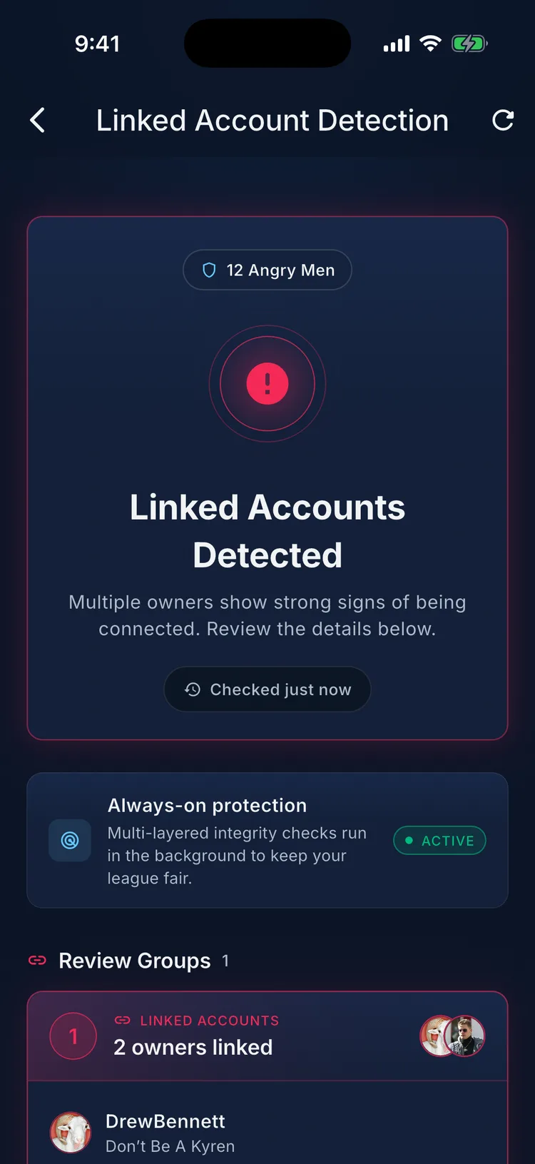 Linked Account Detection report for a League Tycoon league named 12 Angry Men, showing a red alert that linked accounts are detected, an Always-on protection badge marked active, and a review group of two owners flagged as linked
